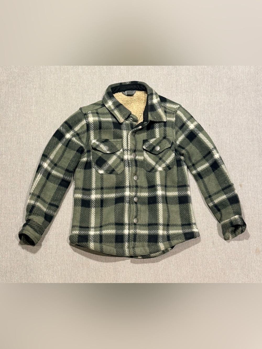 Eddie Bauer Green Plaid Sherpa-Lined Button-Down Shirt Jacket